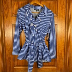 NWT Jones New York Signature Striped Ruffle Blouse with Cinching Waist Tie